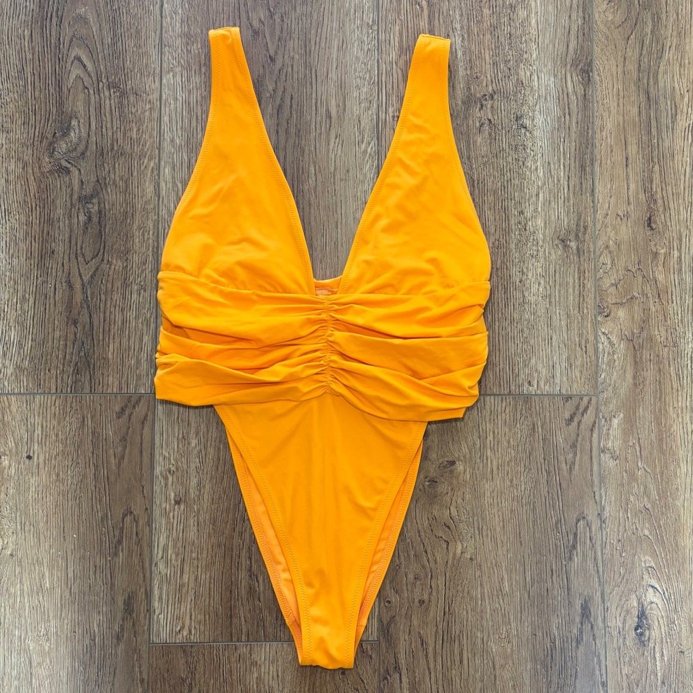 Aerie Shine Plunge Ruched One Piece Cheekiest Womens Large Orange Swimsuit beach